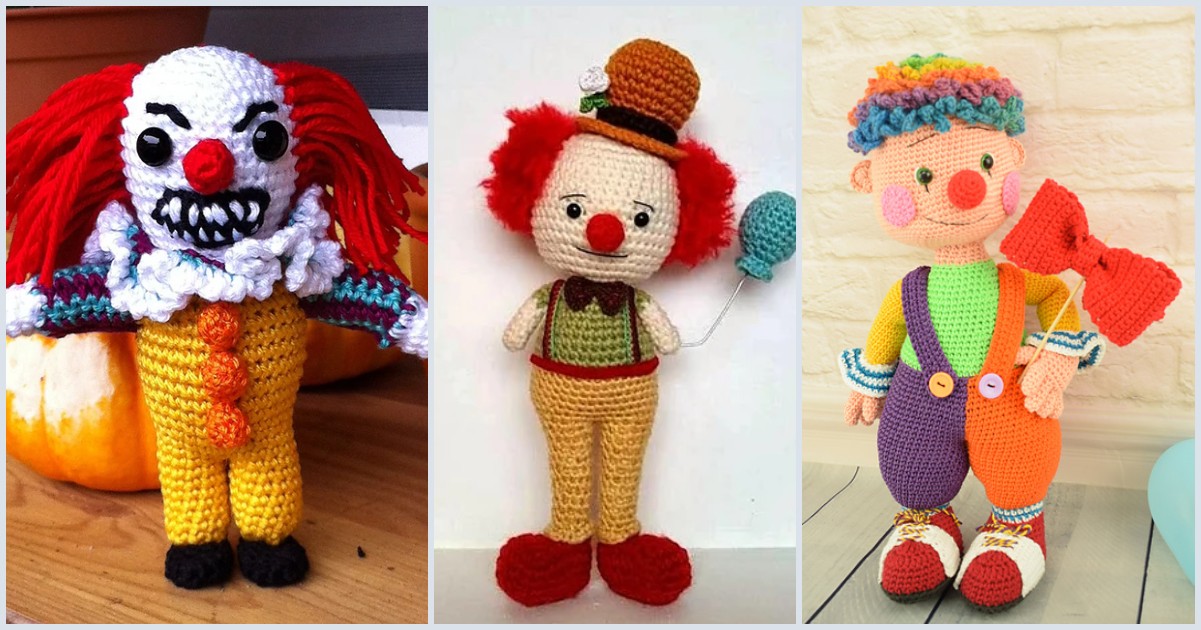 Three amigurumi clown dolls are displayed side by side. Each features colorful outfits: one with red yarn hair, another with a tiny top hat, and the last adorned with a large orange bow tie and rainbow suspenders.