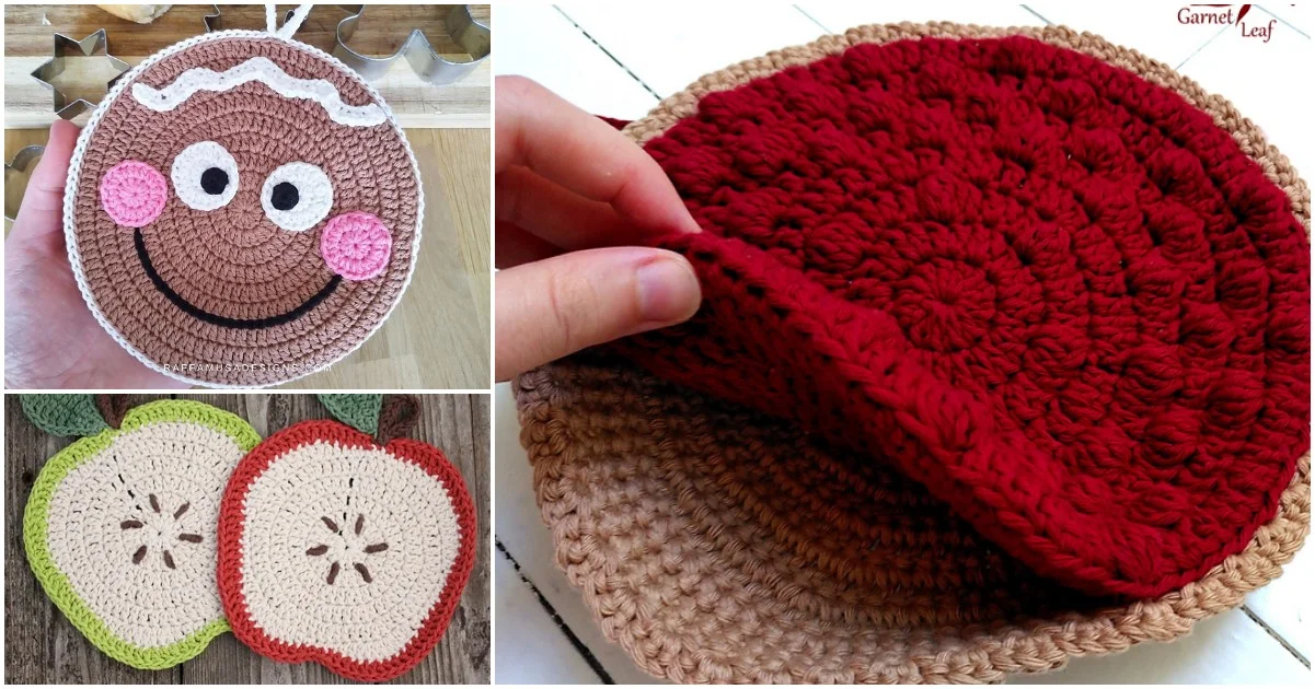 Explore crochet designs with a yummy food-themed twist, featuring a gingerbread face, apple slices, and a striking red circular pattern on a beige base. Perfect for creating adorable potholders that add charm to any kitchen.