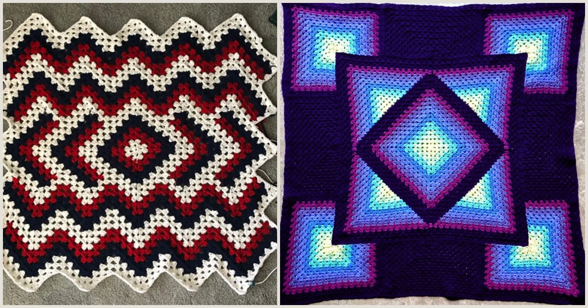 Two crocheted blankets: the left features a diamond pattern in red, black, and white; the right showcases a central diamond design in shades of blue, purple, and black. Both pieces cleverly incorporate new stitches to enhance their intricate designs.