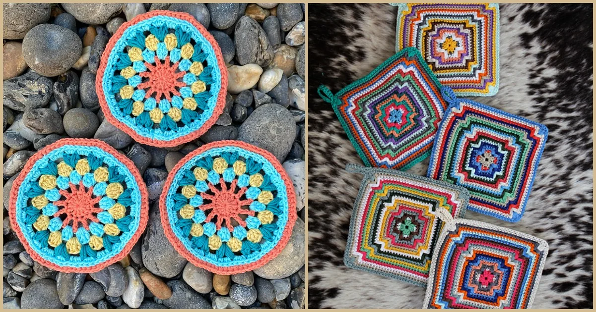 Round and square crochet patterns in bright colors; round ones on stones, square ones on textured fabric, reminiscent of a cozy crocheted potholder.