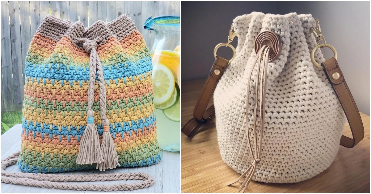 Two crochet drawstring bucket bags: one multicolored with a braided tassel, and one beige with leather straps and a round button accent.