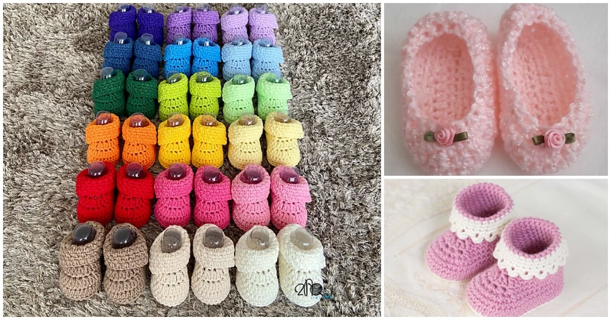 Collage of crocheted baby booties: 28 pairs in various colors on the left, pink booties with roses and an amigurumi doll in the top right, and pastel pink booties with lace in the bottom right.