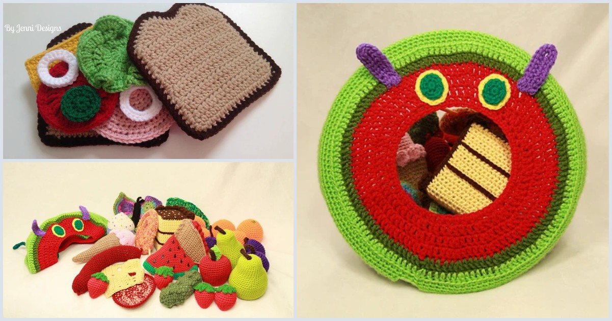 Crocheted play food set featuring pretend sandwich ingredients, accompanied by a colorful caterpillar and a charming animal bookmark.