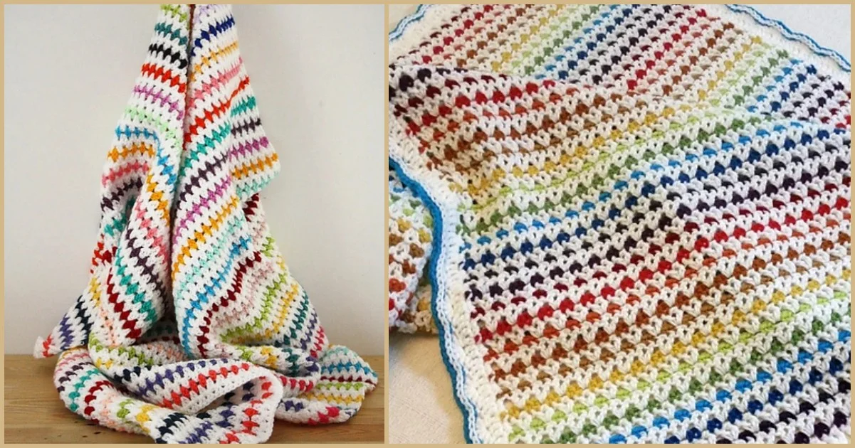 A colorful crochet blanket drapes elegantly on the surface, showcasing new stitches in a zigzag pattern with bright, multicolored stripes.