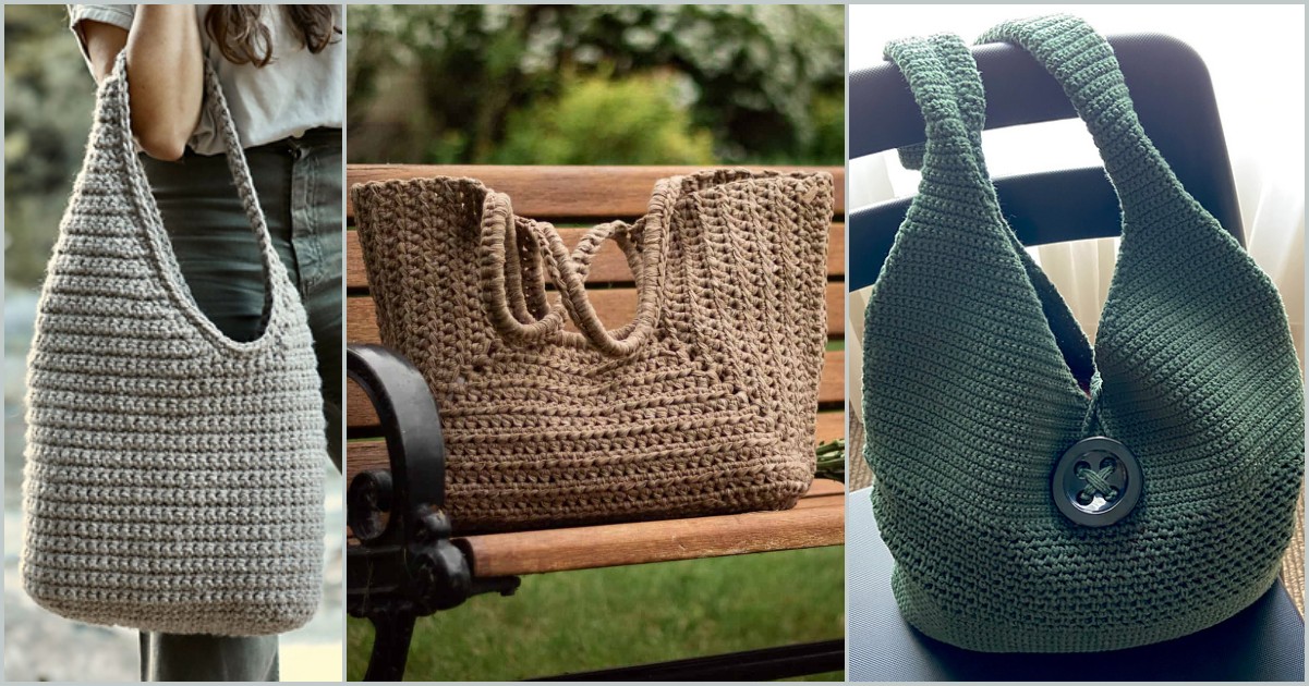 Three crocheted handbags: one being worn as a gray shoulder bag, another resting on a bench in beige, and a third gracing a chair in green with an elegant button detail.