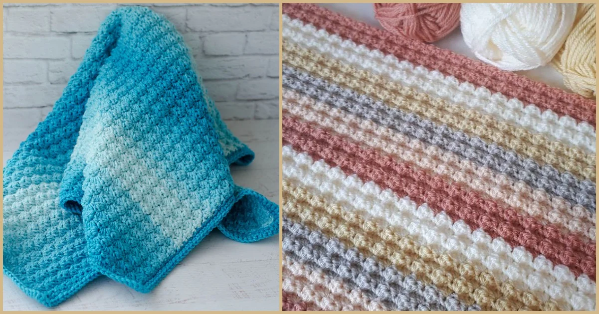 Two textured crochet blankets are shown: a sedge stitch blanket in blue shades draped against a brick wall, and another featuring horizontal stripes in earth tones with balls of yarn beside it.