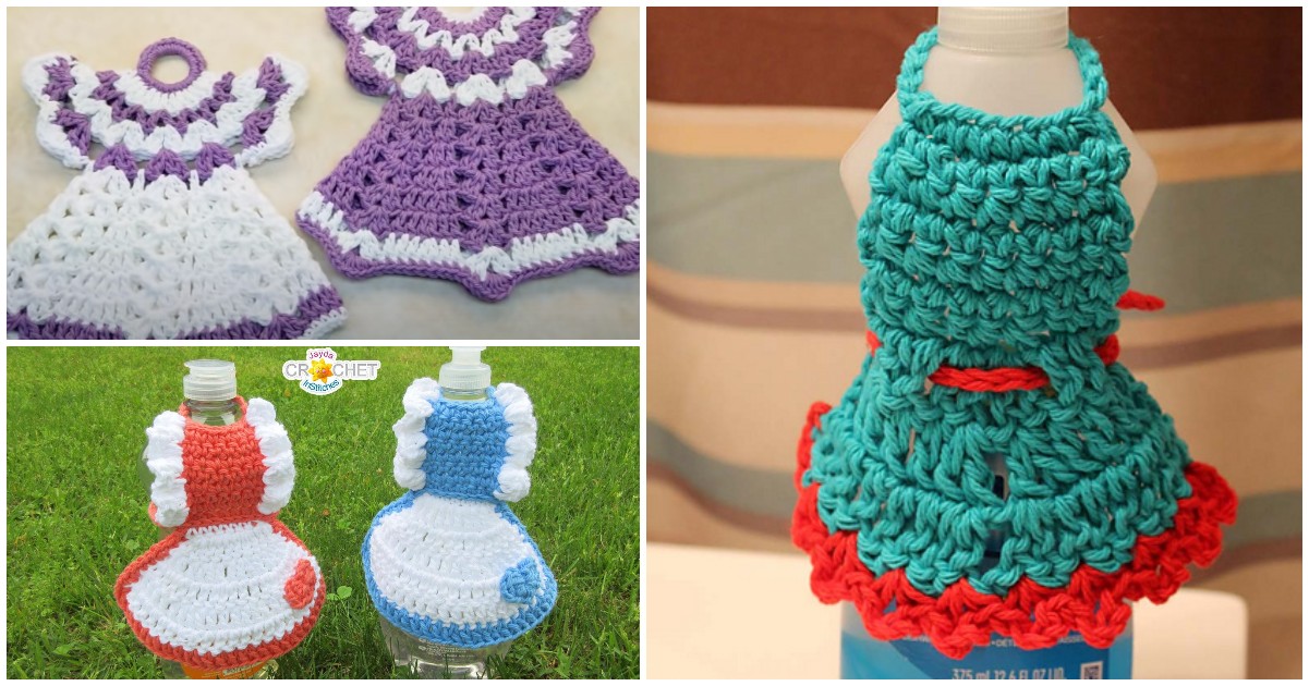 Three crochet bottle covers, resembling dish soap aprons, are shaped like dresses in vibrant hues: purple and white, red and blue, and teal with red trim.