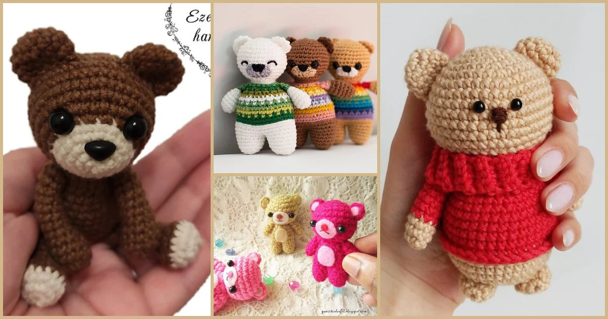 Collage of crocheted teddy bears in various colors and sizes, including charming pocket teddy bears, some held in hand and others displayed on a surface.