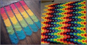 Two colorful crocheted blankets: the left showcases a striking rainbow blanket with stripes in vivid hues, while the right displays a hexagonal pattern bursting with vibrant colors.