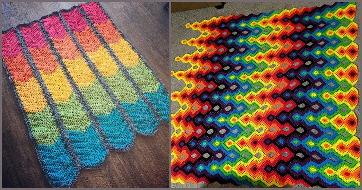 Two colorful crocheted blankets: the left showcases a striking rainbow blanket with stripes in vivid hues, while the right displays a hexagonal pattern bursting with vibrant colors.