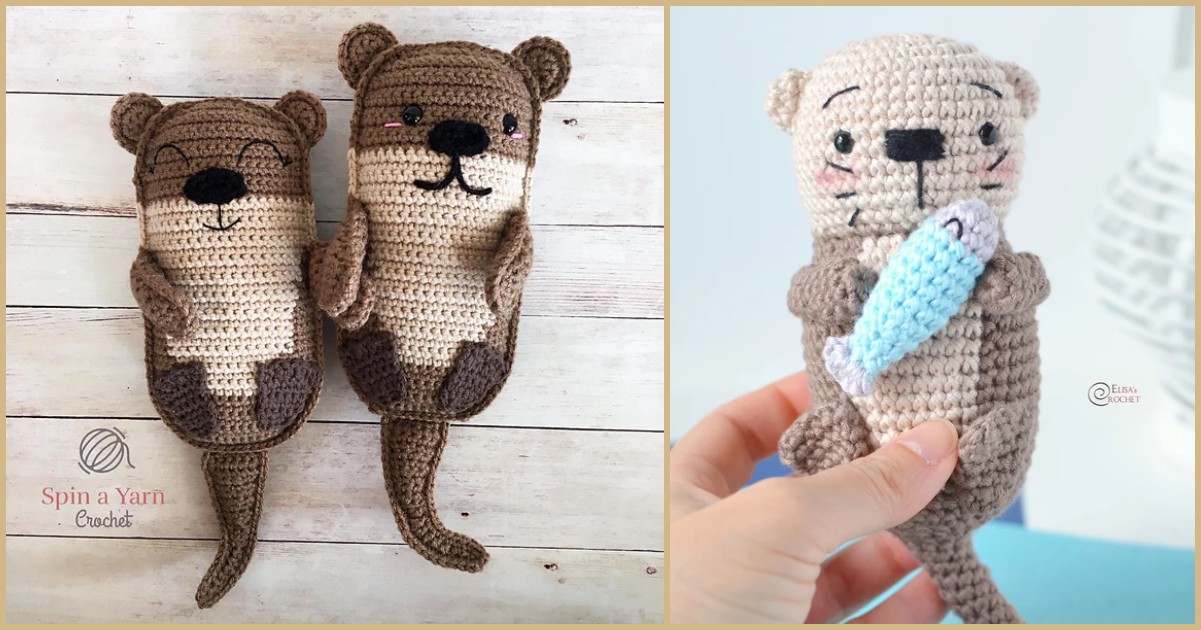 Two crocheted otter plushies on the left cozy up next to a single crocheted otter holding a blue fish on the right, nestled comfortably in their own little stash basket display.