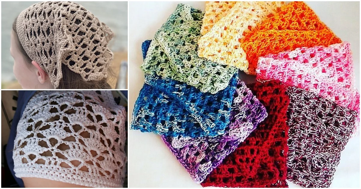 Crocheted summer kerchiefs in various colors are displayed, featuring a close-up of beige and white ones being worn.