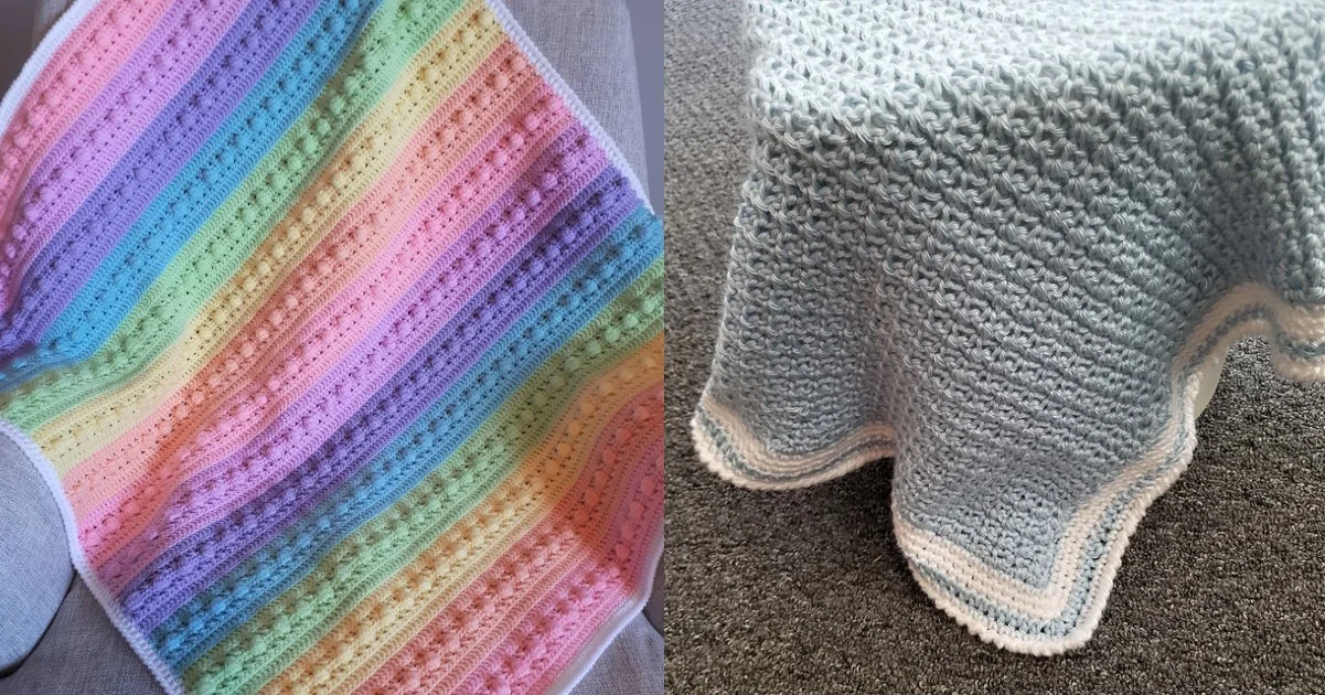 Two crocheted blankets: one with pastel rainbow stripes on the left and a charming little boy blue baby blanket with a textured finish and white border on the right, displayed on a gray surface.