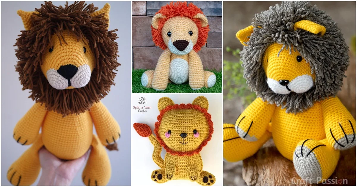 A collage of four amigurumi lion toys in different styles, showcasing varied yarn textures and colors.