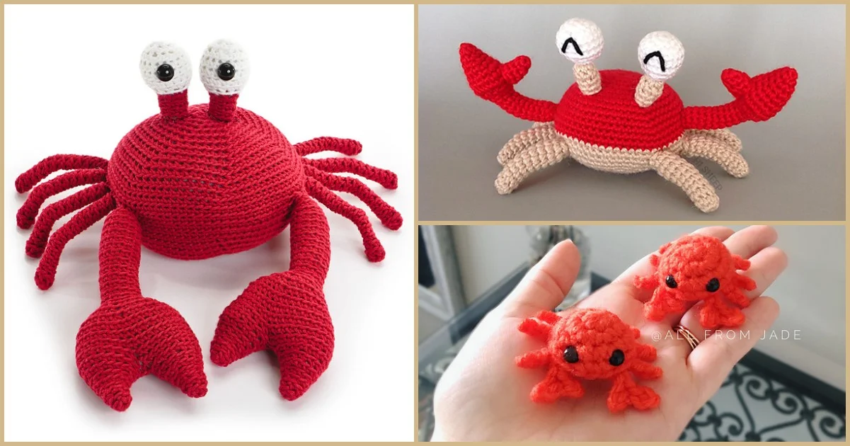 Four amigurumi crabs: two larger red ones with varied eye designs, and two smaller orange ones held in a hand.