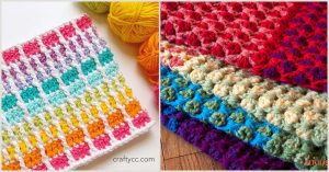 Two crochet patterns showcase new stitches: on the left, a colorful vertical stripe design; on the right, a multicolored puff stitch texture. Yarn balls are visible.