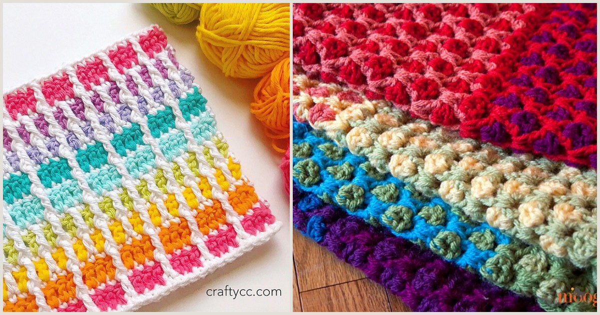 Two crochet patterns showcase new stitches: on the left, a colorful vertical stripe design; on the right, a multicolored puff stitch texture. Yarn balls are visible.