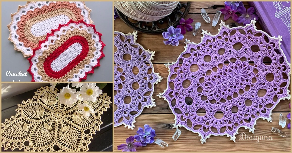 Three crochet doilies grace the wooden surface: an oval doily in shades of red and beige, a beige piece with a floral pattern, and a round purple one, all accented with small flowers.