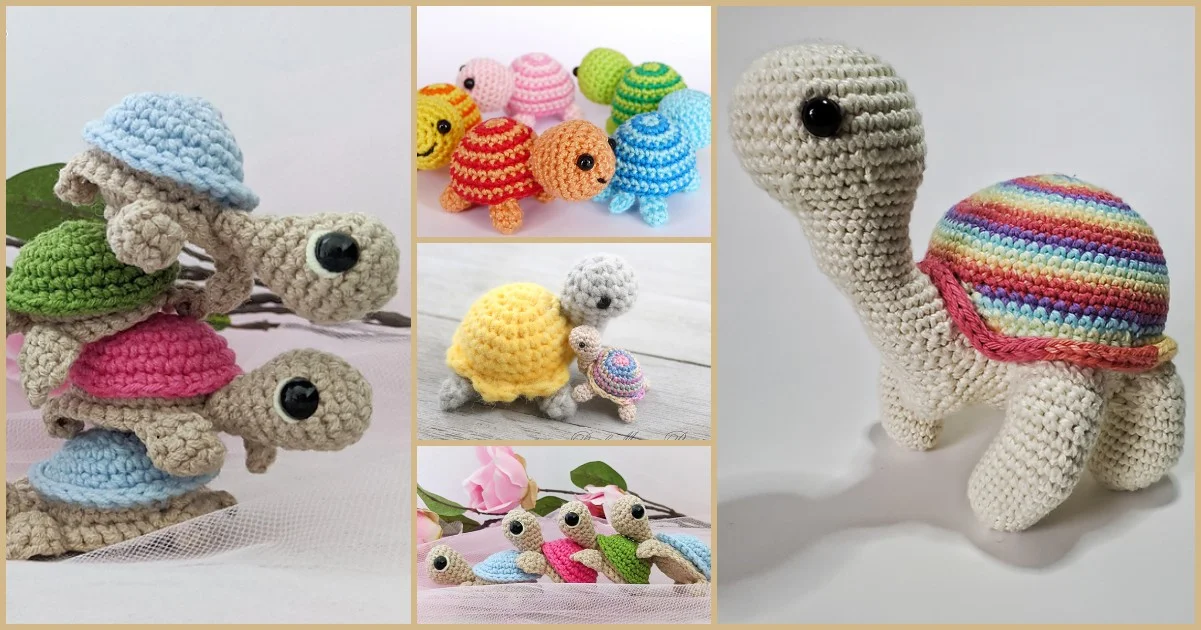 Crochet turtles in various colors and sizes, some stacked, others in pairs, showcase intricate stitching details.