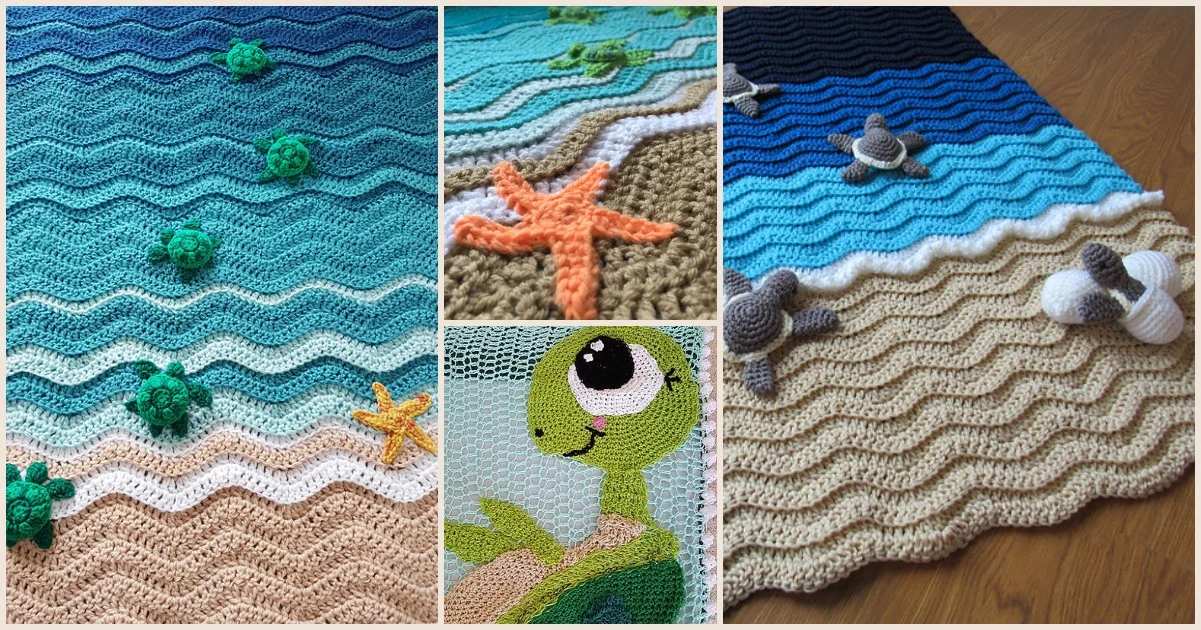 This turtle blanket is a crocheted, nautical-themed masterpiece featuring turtles, starfish, and waves in shades of blue, beige, and green.