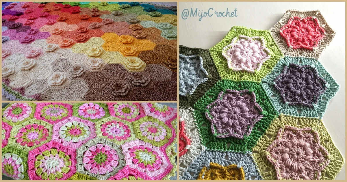 Three crochet projects with hexagonal patterns in various colors, including pastels, greens, and pinks, displayed flat like a summer flower hexagon blanket.