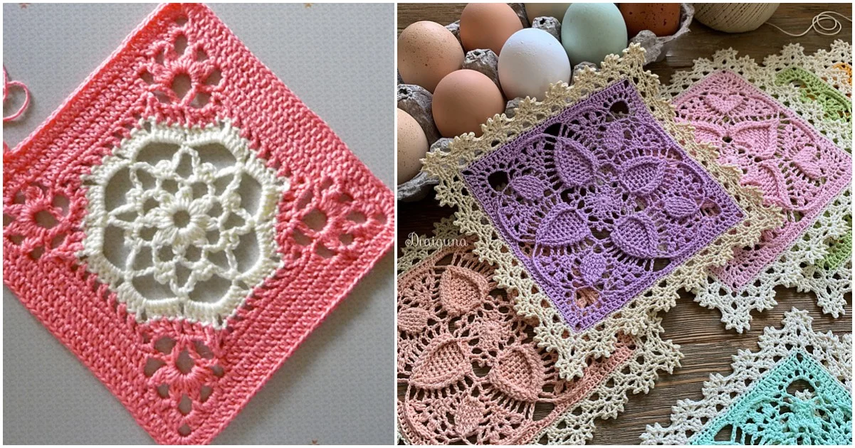 Two crochet doilies: a lacy pink and white floral design on the left, and several colorful square project ideas showcasing intricate patterns on the right, placed on a wooden surface near eggs.