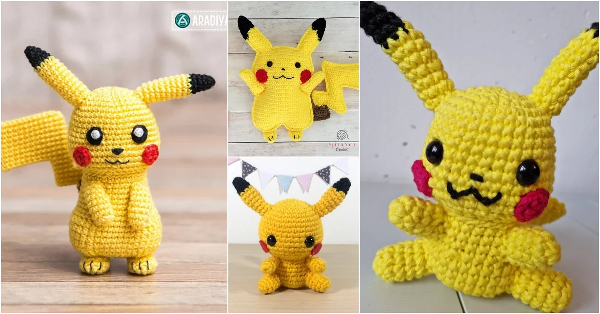 Four crocheted yellow plushies, crafted in the pikachu amigurumi style, feature black-tipped ears and red cheeks. They charmingly resemble the same cartoon character and are displayed in various poses and backgrounds.