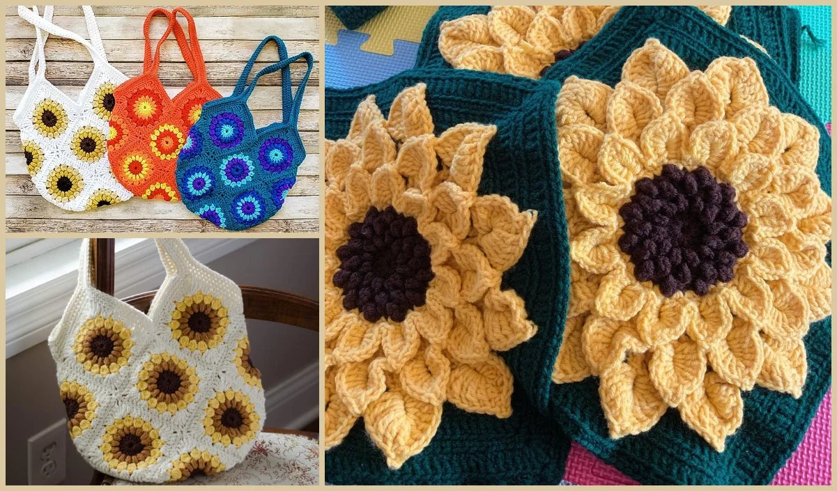 Three crocheted sunflower bags in vibrant red, blue, and white, accompanied by a close-up showcasing detailed crocheted sunflower patterns—perfect for sparking your next sunflower ideas.