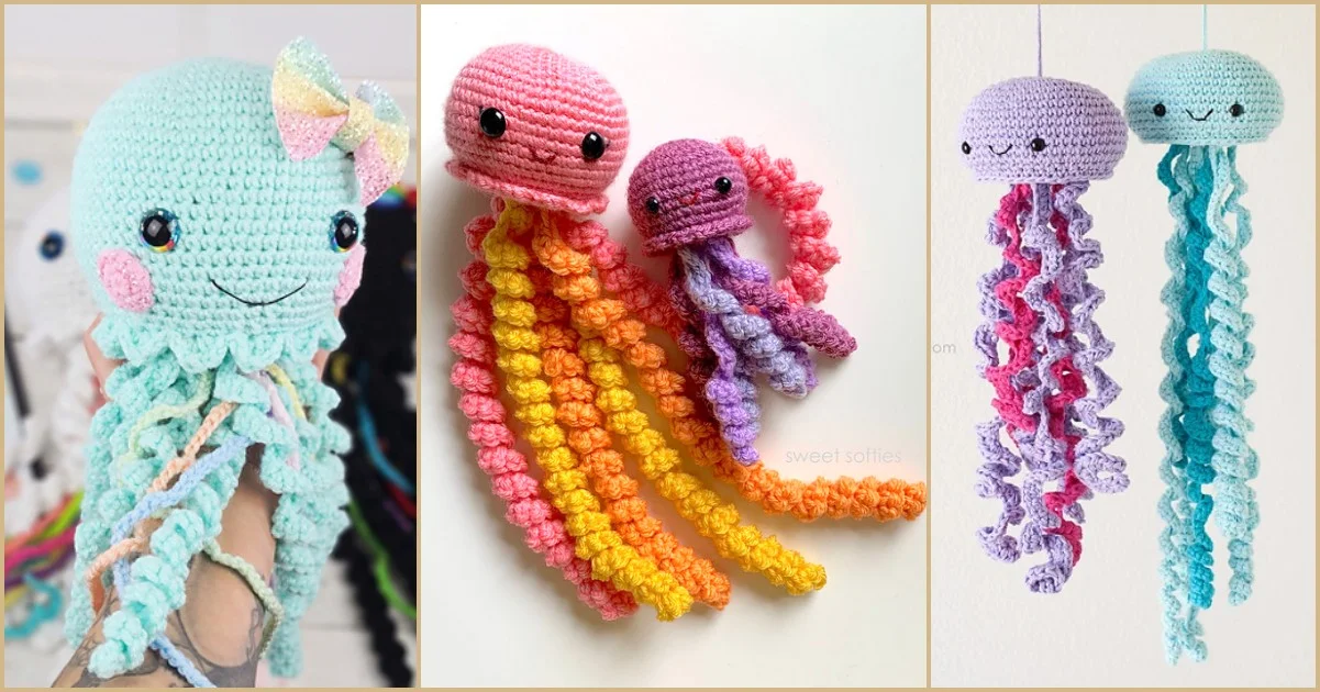 Three images of adorable jellyfish toys showcase colorful crocheted designs with cheerful faces and curly tentacles, capturing a playful essence.