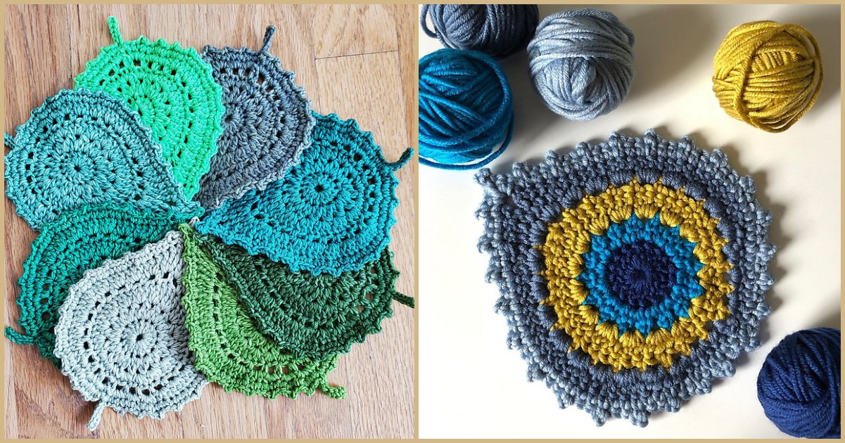 Crocheted leaves in various shades of green on the left, perfect for a leaf coaster set, and a round crochet motif in blues, yellow, and gray on the right, along with matching yarn balls.