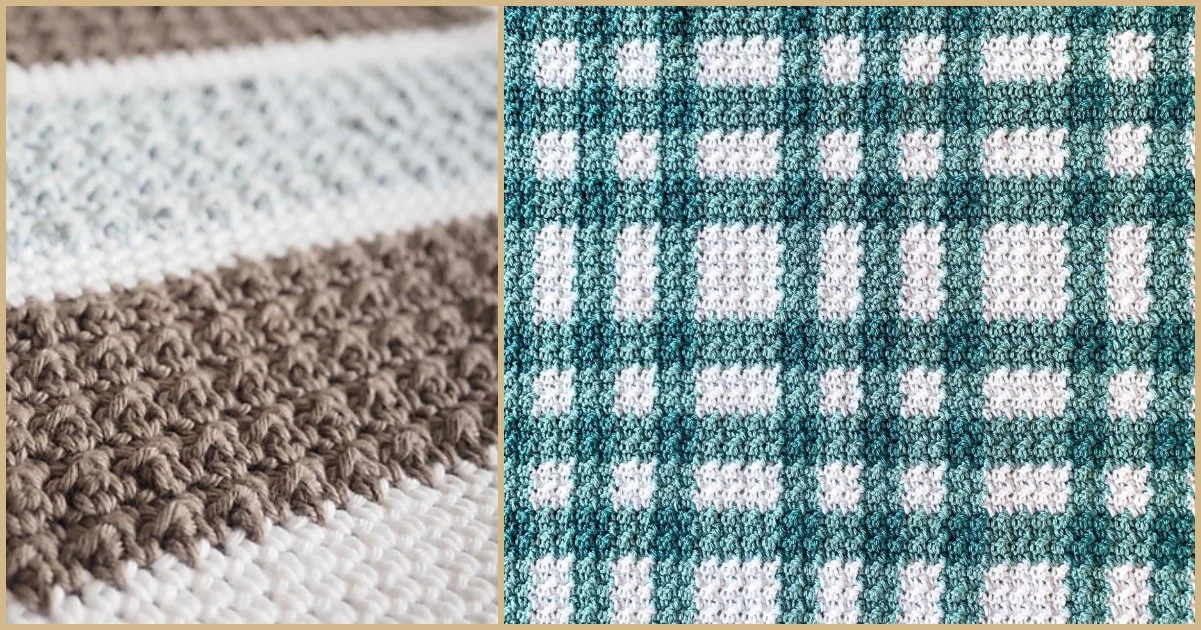 Close-up of knitted patterns: left showcases horizontal brown and white stripes, while the right presents a green and white checkered design, perfect for inspiring your next griddle stitch project.