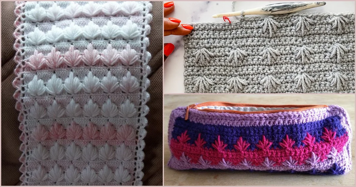 Crochet patterns featuring a blanket with pink and white shell stitches, a gray textured piece, and a colorful zippered pouch in purple, pink, and blue. The collection also includes designs incorporating the intricate spike cluster stitch for added flair.