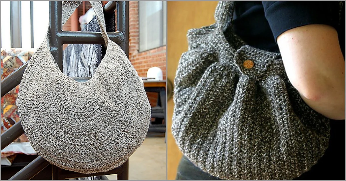 A gray crochet summer sling bag hangs on a railing beside a person holding a textured gray handbag in their arm.