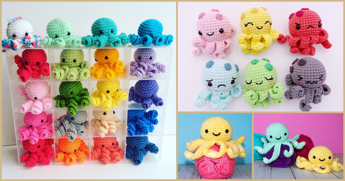 A variety of colorful crocheted little octopuses are displayed on shelves and surfaces.