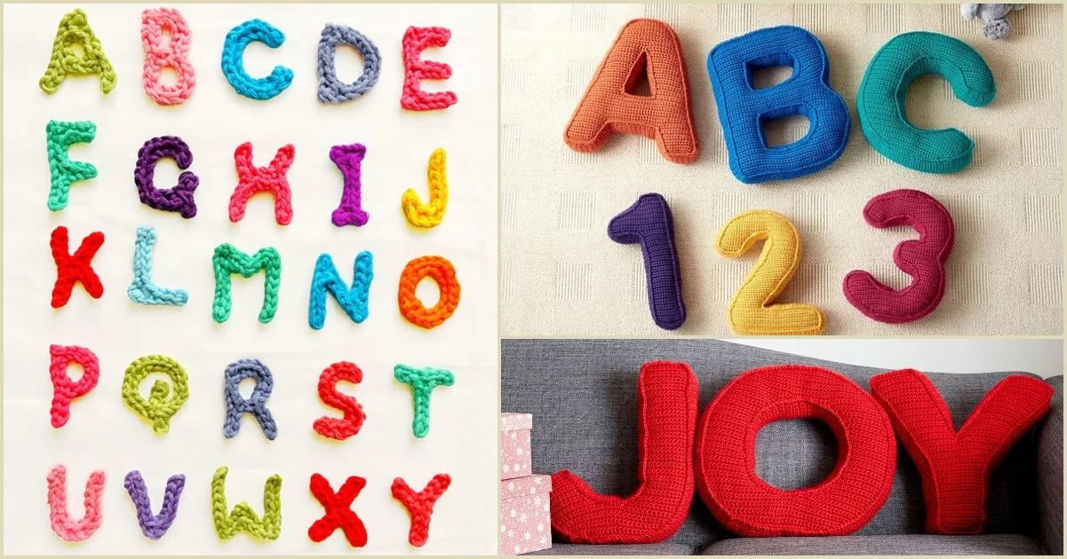 Colorful crochet alphabet letters, numbers, and the word "JOY" displayed on various backgrounds.