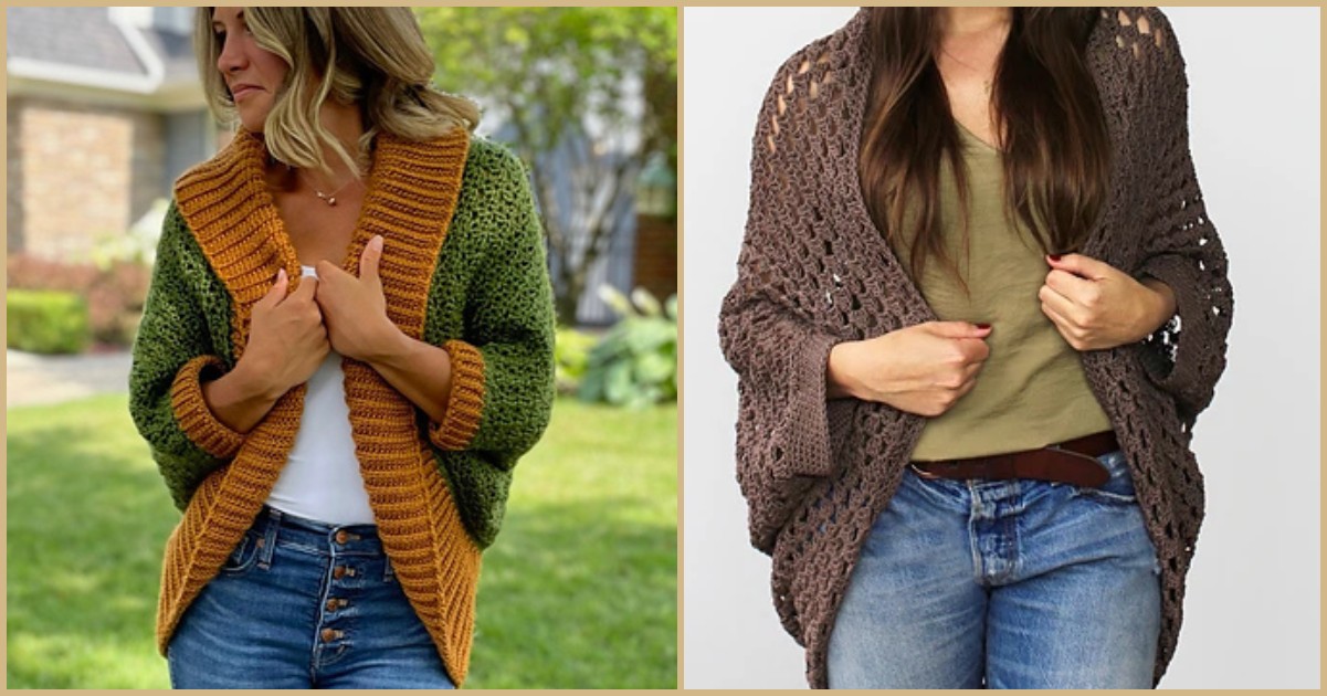 Two women showcase their chic styles, one in a green and orange crochet shrug effortlessly layered over her casual top and jeans, while the other opts for a cozy brown crocheted cardigan with a similar relaxed pairing.