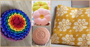 A collage of four crocheted pillows: a rainbow scallop pillow, two vibrant flower pillows, a round textured tan pillow, and a yellow pillow with white floral patterns.