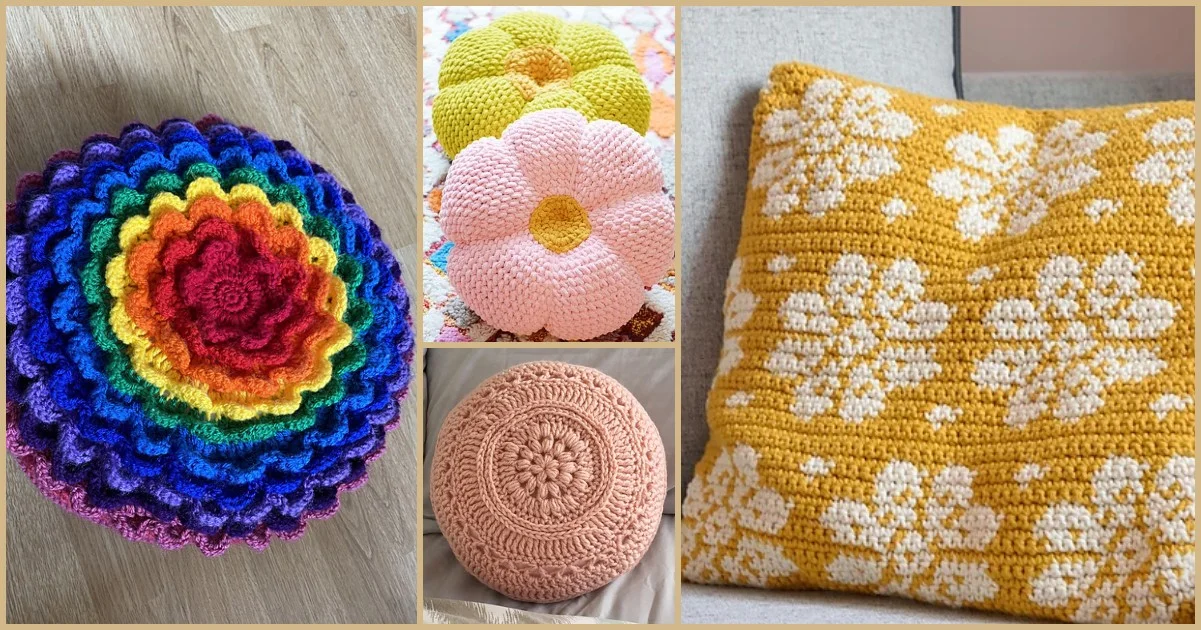 A collage of four crocheted pillows: a rainbow scallop pillow, two vibrant flower pillows, a round textured tan pillow, and a yellow pillow with white floral patterns.