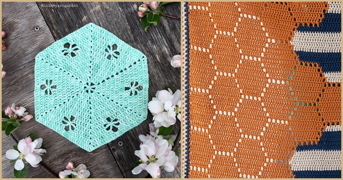 Left: Light blue crocheted hexagon with floral pattern on a wooden surface, enhanced by delicate white flowers. Right: Close-up of an orange woven textile with white geometric design on a striped background, perfect for inspiring hexie blanket ideas.