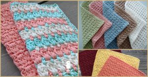 Collage of three images showcasing crochet dishcloths and spa washcloths in vibrant colors, including pink, blue, brown, and yellow, elegantly arranged on a wooden surface.