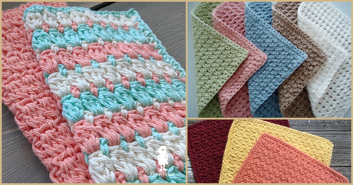 Collage of three images showcasing crochet dishcloths and spa washcloths in vibrant colors, including pink, blue, brown, and yellow, elegantly arranged on a wooden surface.