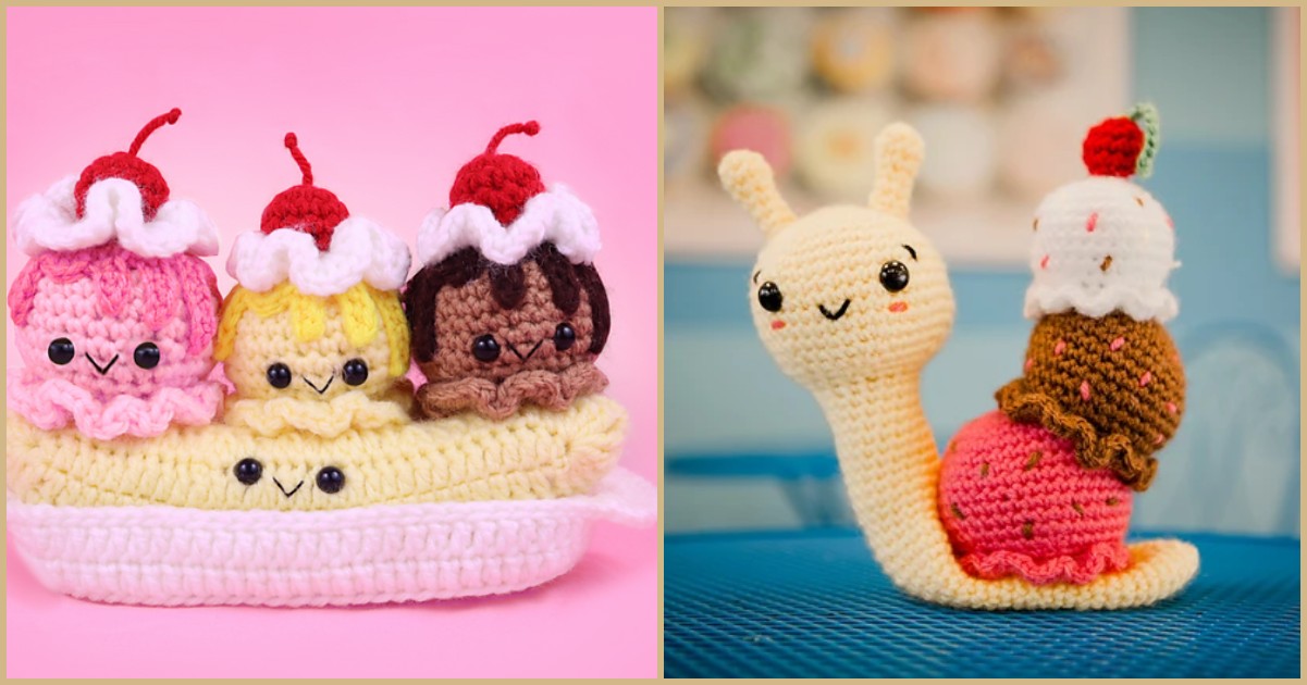 Amigurumi delight features a crocheted banana split with charming ice cream faces, alongside a whimsical snail carrying colorful ice cream scoops on its back.