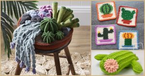 Explore creative cactus decor ideas with a crocheted cactus garden on a stool, complemented by three framed cactus motifs adorning the wall. A small crocheted cactus with a pink flower adds charm to the woven surface.