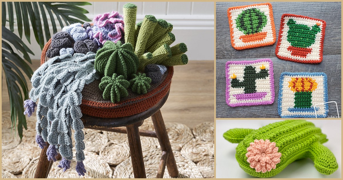 Explore creative cactus decor ideas with a crocheted cactus garden on a stool, complemented by three framed cactus motifs adorning the wall. A small crocheted cactus with a pink flower adds charm to the woven surface.