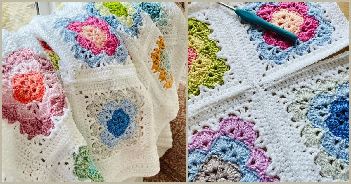 This crocheted blanket features vibrant flower patterns in pink, blue, and green hues, paired beautifully with a crochet hook. It's an inspiring piece for those seeking shell blanket ideas.