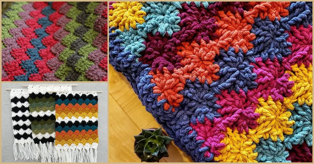 Three crochet pieces: a multicolored textured blanket, a vibrant zigzag pattern, and three sunburst inspired fringe-topped geometric wall hangings in various colors.