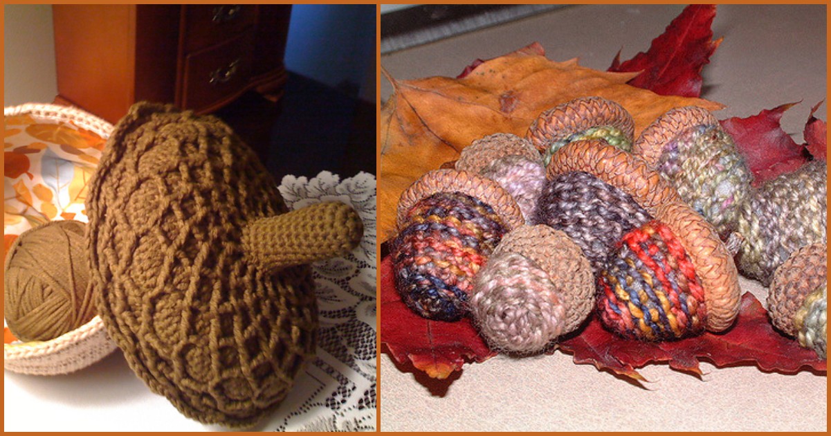 Crochet acorns and acorn decor are artfully arranged on a tablecloth surrounded by vibrant autumn leaves.