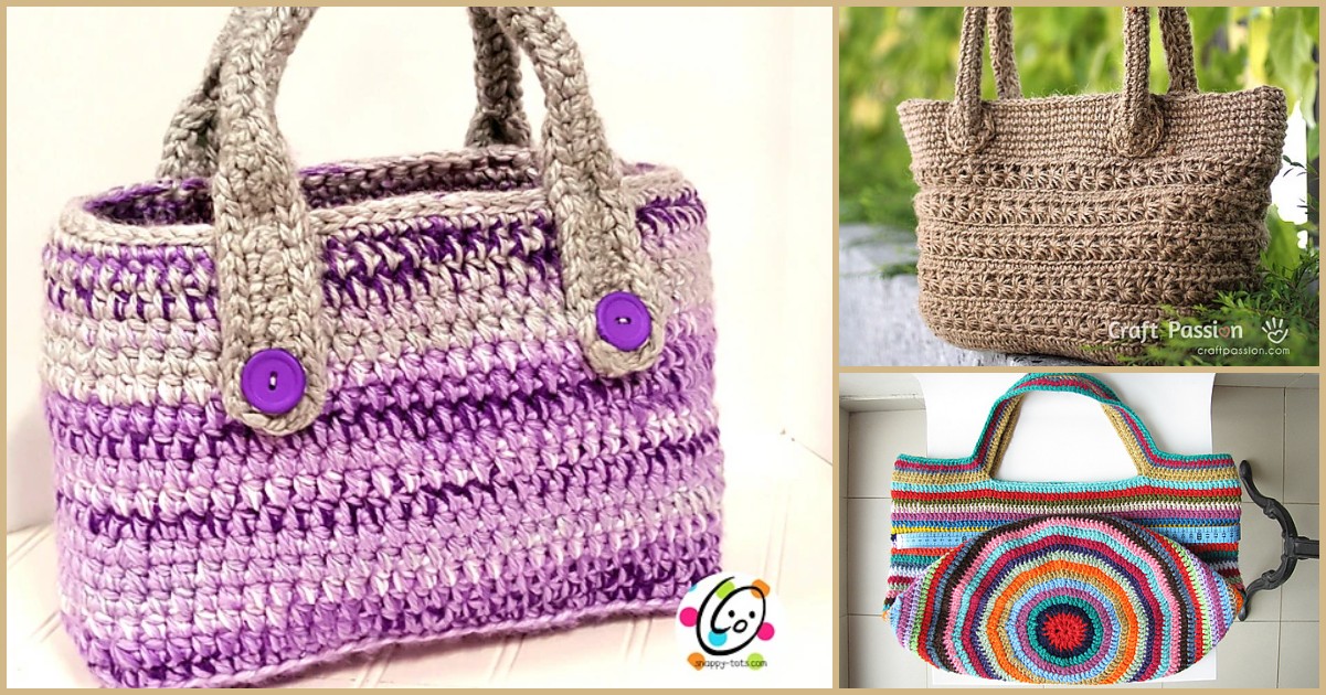 Three crochet bags: an essentials tote bag in purple and gray stripes with buttons, a beige textured bag on grass, and a colorful striped bag with a circular design and black strap.