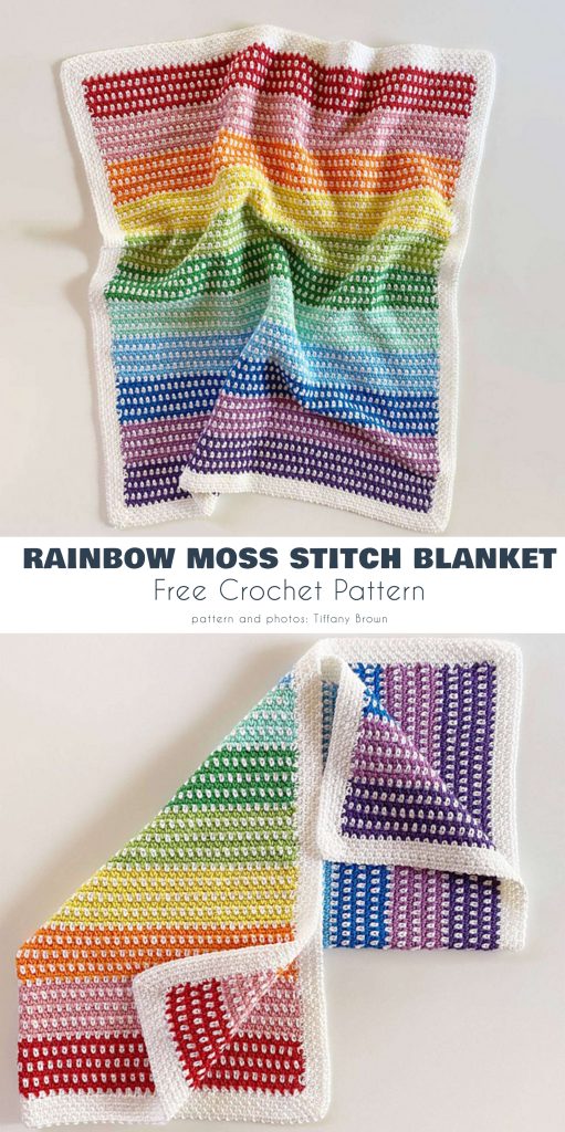A handmade moss stitch blanket in rainbow stripes with white borders, shown flat and folded to highlight its exquisite texture and intricate stitch pattern.