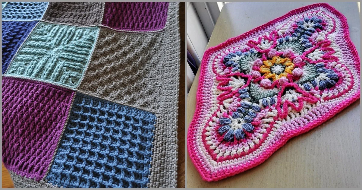 Left: A close-up of a textured multicolored memorial blanket. Right: A decorative crochet piece with a floral pattern in pink, blue, and yellow.